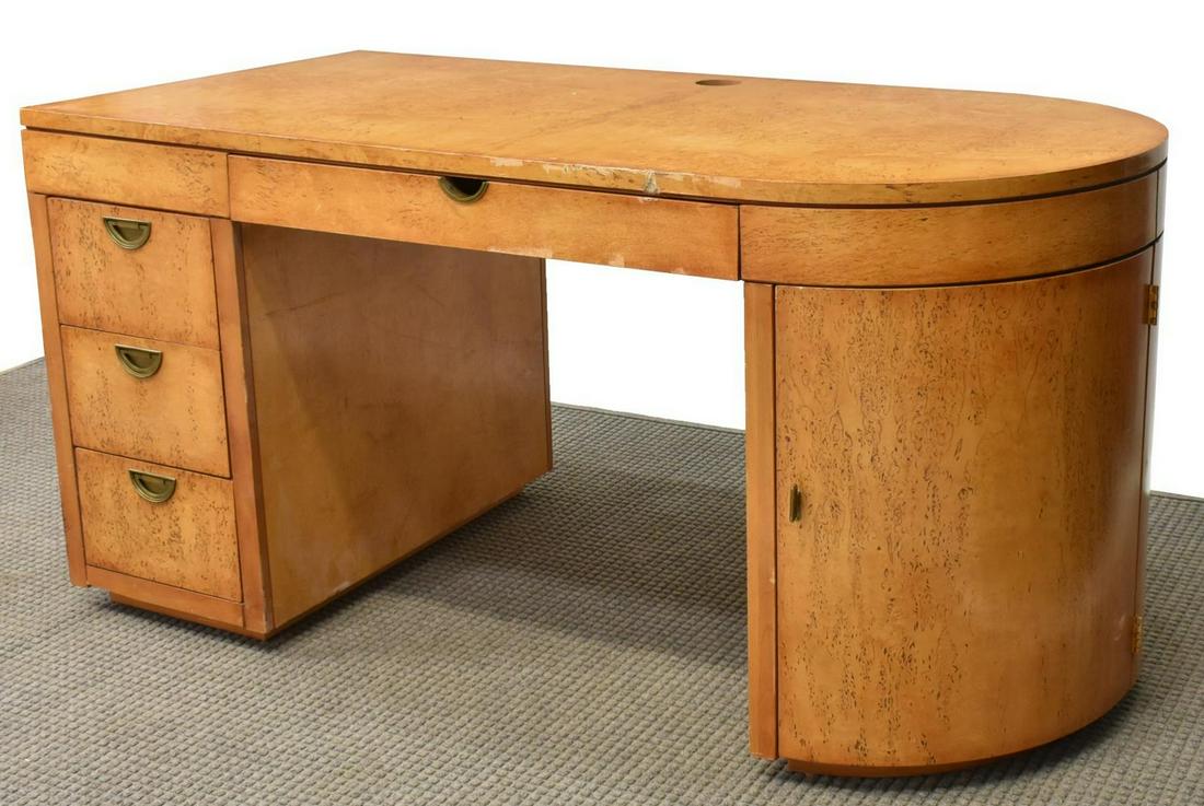 HENREDON BURLWOOD DOUBLE PEDESTAL COMPUTER DESK: Contemporary computer desk, Henredon, late 20th c., in a burlwood finish, D-form top with hole for cord management, drop-front panel with pull-out keyboard tray, stack of three drawers, single bow-fro