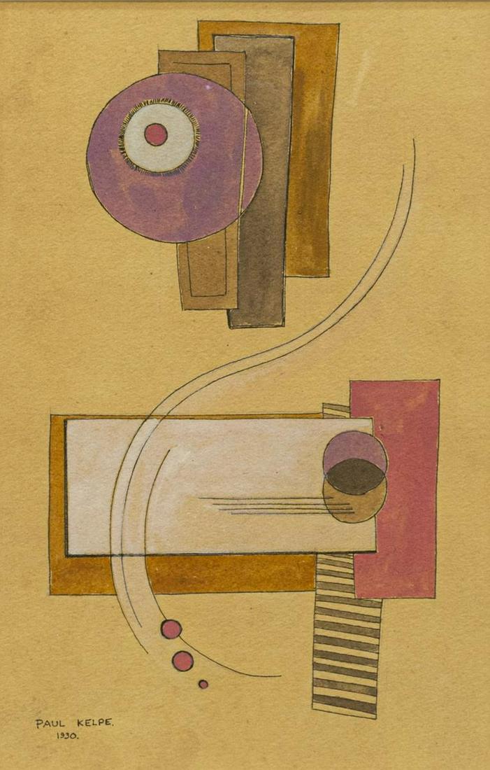 PAUL KELPE (1902-1985) SHAPES, WATERCOLOR & INK: Framed ink and watercolor painting on paper, Shapes, signed lower left Paul Kelpe (Illinois, Texas, Germany, 1902-1985), dated 1930, sight: 12"h, 7.5"w, overall: 21"h, 17.25"w, 4.75lbs Start Price: $1