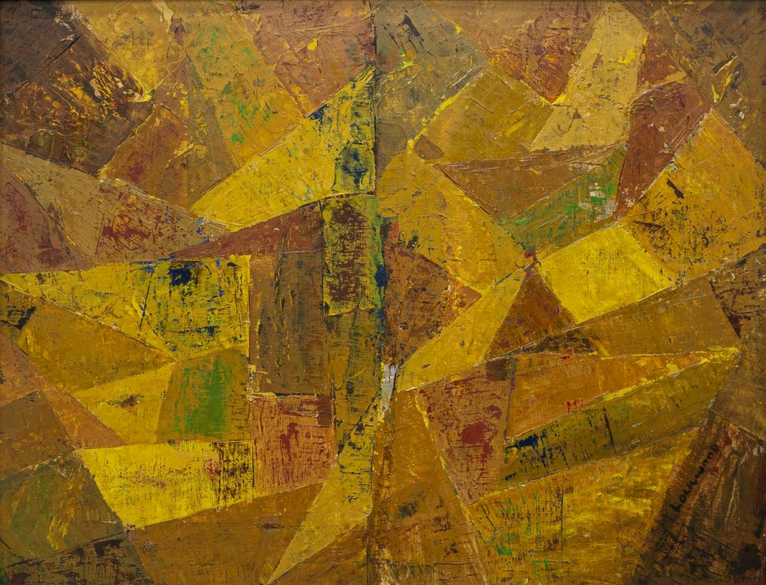 WARD LOCKWOOD (1894-1963) FALL ABSTRACT SHAPES: Framed abstract oil painting on board, Fall Abstract Shapes, signed lower right Lockwood (Ward Lockwood, New Mexico, Texas, Kansas, 1894-1963), sight: 15.5"h, 19.5"w, overall: 20.25"h, 24.25"w, 4.75lb