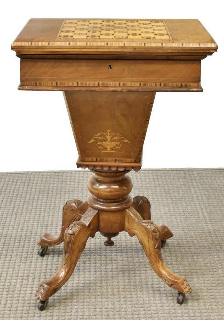 FINE ENGLISH MARQUETRY GAMES TABLE: English games table, 19th c., marquetry chess/ checkers board, swivel hinged top opening to inset embossed leather playing surface with cribbage boards, lined interior compartment with divided storage
