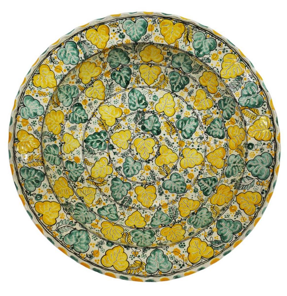 LARGE TALAVERA TIN-GLAZED EARTHENWARE BASIN BOWL: Large Talavera tin-glazed earthenware basin, Mexico, 20th c., with scalloped edge, green and yellow foliate design, signed CMR, approx 5"h, 19.5"diam, 13lbs Start Price: $100.00
