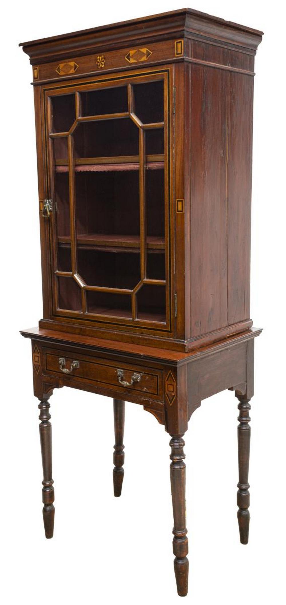 ENGLISH GLAZED DISPLAY CABINET ON STAND: English display cabinet on stand, 19th c., molded cornice over frieze with geometric marquetry, astragal glazed door opening to interior shelves, on stand with continuing geometric marquetry, single f