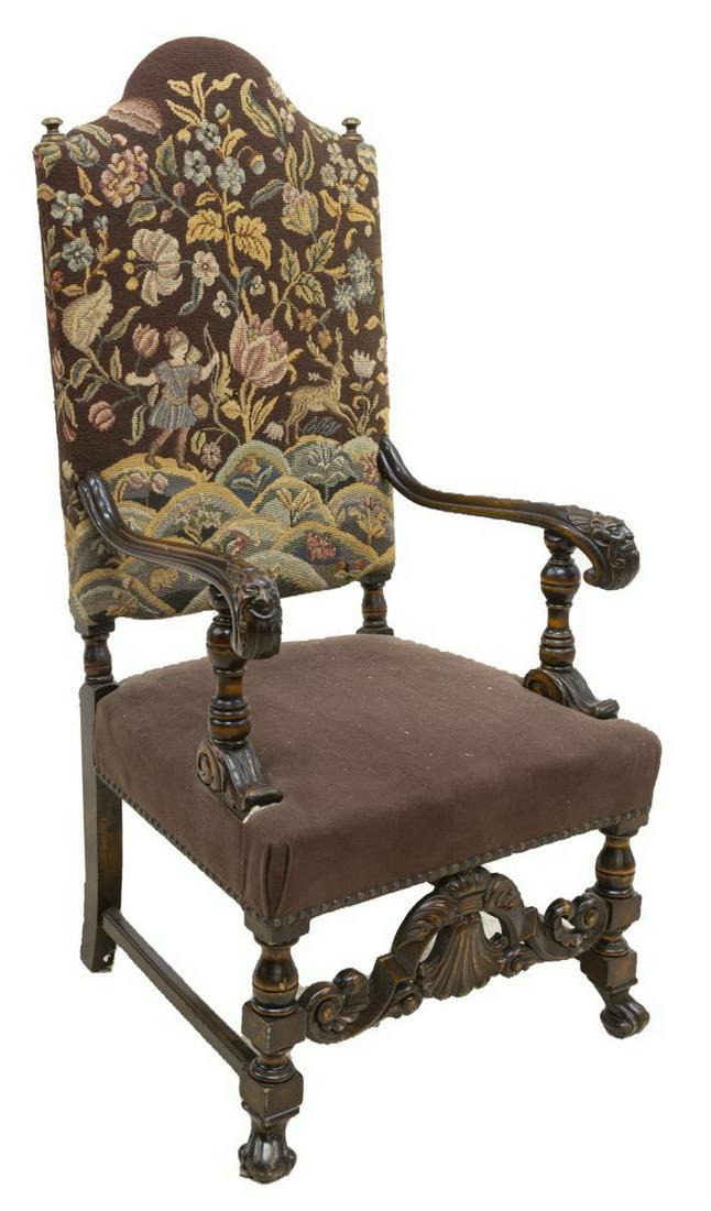 CONTINENTAL RENAISSANCE REVIVAL ARMCHAIR: Continental Renaissance Revival armchair, 19th c., needlework upholstered high back with stag hunt scene and large flowers, over covered seat, with scrolled armrests terminating in carved figural hand
