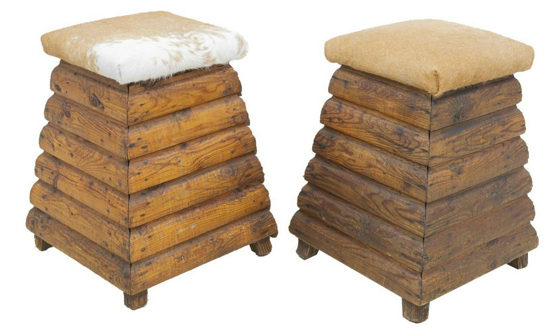 (2) DIMINUTIVE COWHIDE UPHOLSTERED LODGE STOOLS: (pair) Diminutive lodge seats/ stools, mid 20th c., fashioned from stacked wood graduating in size, with later cowhide upholstered seat, approx 23"h, 17.5"w, 18.25"d Start Price: $100.00