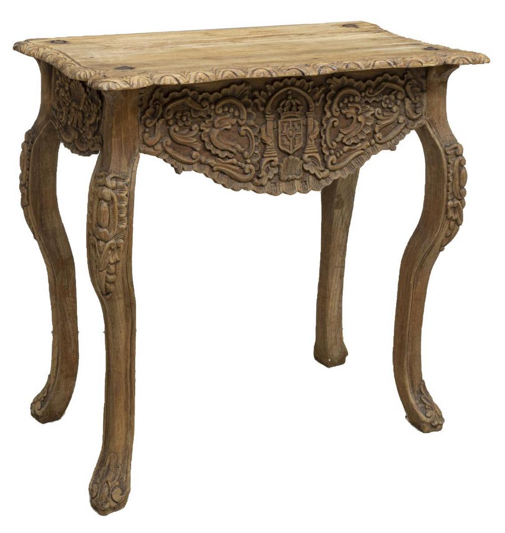 SPANISH CONSOLE TABLE CARVED HERALDIC CREST: Spanish raw wood console table, fashioned with antique and later elements, shaped top with large nail heads, over carved skirt with armorial crest, on curved legs, approx 37"h, 38"w, 19"d Start Price:
