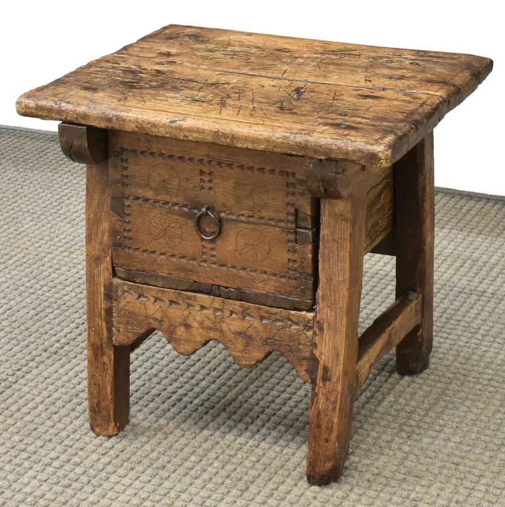 DIMINUTIVE SPANISH COLONIAL TABLE: Diminutive Spanish Colonial table, possibly walnut, 18th/ 19th c., having rectangular top, above frieze drawer with visible dovetail joinery to front, rising on four legs, joined by side stretchers, a