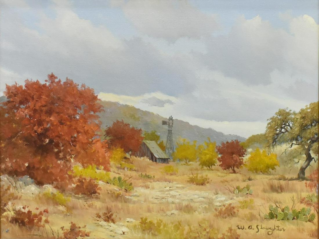 WILLIAM SLAUGHTER (1923-2003) FALL ON TEXAS RANCH: Framed oil painting on canvas, Fall on a Texas Ranch, signed lower right W.A. Slaughter (William A. Slaughter, Texas, California, 1923-2003), sight: 17.25"h, 23.25"w, overall: 27"h, 32.75"w, 8lbs Star