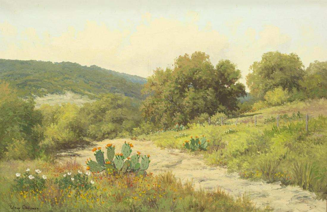 PALMER CHRISMAN (1913-1984) CACTUS LANDSCAPE: Framed oil on canvas painting, Texas Landscape with Cacti, signed lower left Palmer Chrisman (Texas, 1913-1984), sight: approx 23.5"h, 35.5"w, overall: approx 32.75"h, 44.75"w, 14.75lbs Start Price: $
