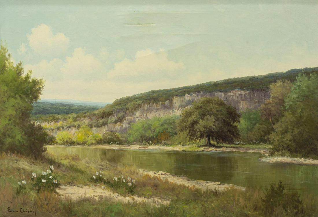 PALMER CHRISMAN (1913-1984) HILL COUNTRY RIVER: Framed oil on canvas painting, Hill Country River Landscape, signed lower left Palmer Chrisman (Texas, 1913-1984), repaired horizontal tear to canvas at upper center, sight: approx 23.5"h, 35.5"w, ove