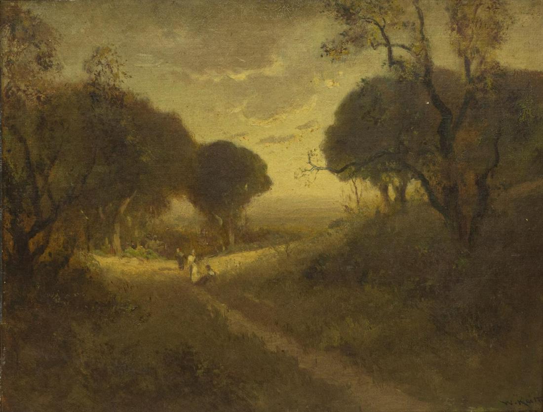 WILLIAM KEITH (1838-1911) 'SUNSHINE & SHADE': Framed oil painting on canvas, "Sunshine and Shade," signed lower right W. Keith (William Keith, California, Scotland, 1838-1911), titled on plaque at frame, relaid on board, marked at verso board "R.