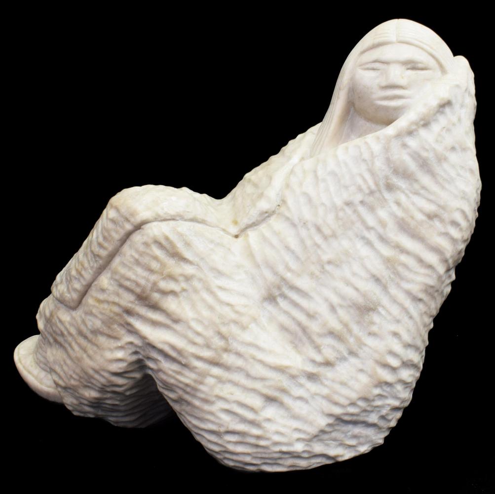 DON CHUNESTUDEY (B.1948) CARVED STONE FIGURE: Native American carved stone sculpture, Seated Figure, signed at back D. Chunestudey (Don Chunestudey, Cherokee, b. 1948), further signed Donald Lee Chunestudey and dated 1978 underfoot, approx 13.5"h