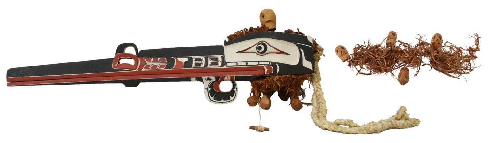 JAMES BENDER (WA) LARGE RAVEN DANCE MASK: Large hand carved painted dance mask, 20th c., signed Bender to interior, (James Bender, Washington,active starting 1972), in the form of a raven, having red, white and black polychrome paint througho
