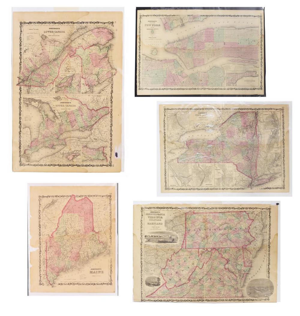 (5) ALVIN J. JOHNSON & WARD ATLAS MAPS, NEW YORK: (lot of 5) Unframed maps, Alvin Jewett Johnson (1827-1884) and Benjamin P. Ward, from Johnsonâ€™s Illustrated Atlas, c.1860s, including: (1) New York, with inset maps of Albany, Buffalo, Oswego, 
