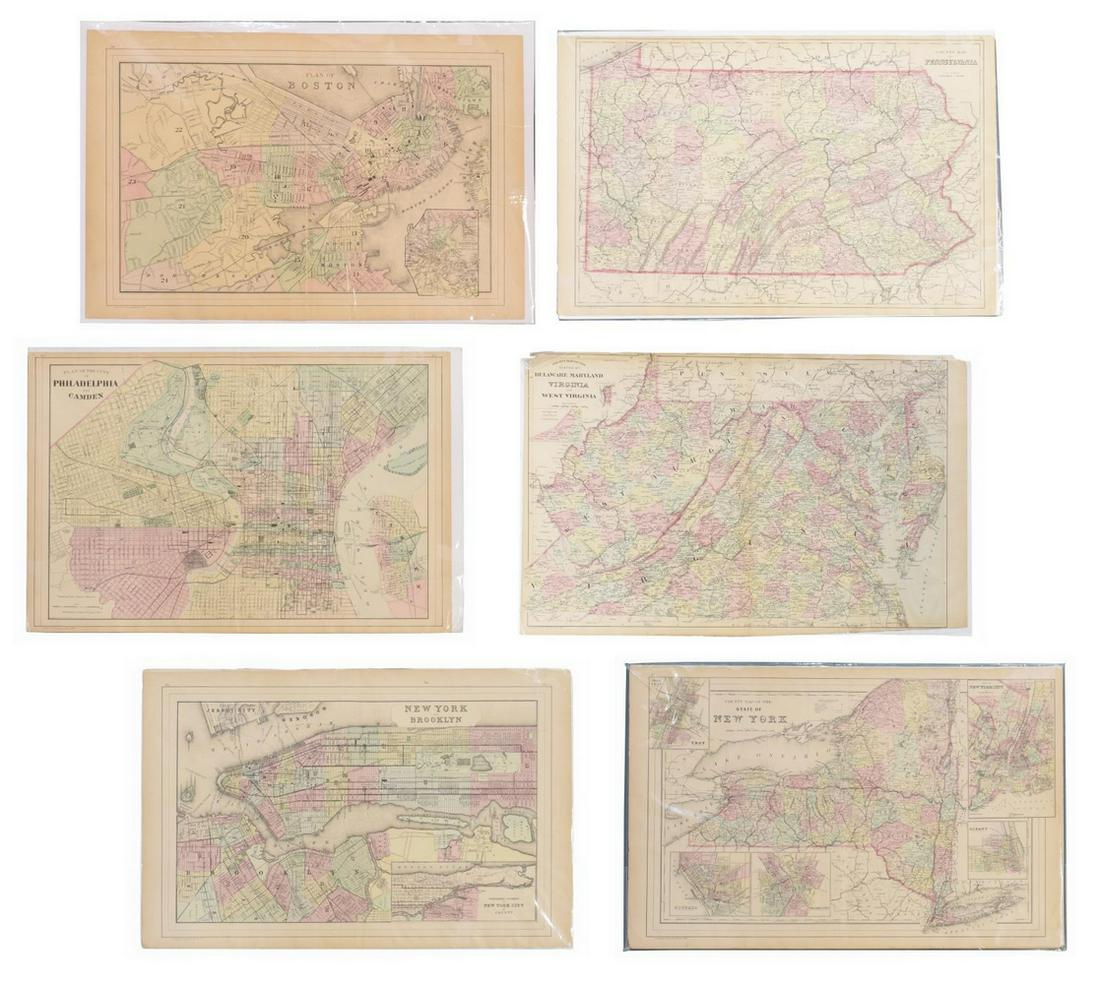 (6) MITCHELL & BRADLEY ATLAS MAPS NEW YORK, BOSTON: (lot of 6) Unframed atlas maps, Samuel Augustus Mitchell (United States, 1790-1868), c.1884, approx 15.25"h, 23.25"w, including: (1) plan of Boston, with inset of Boston Harbor, (1) plan of the city o