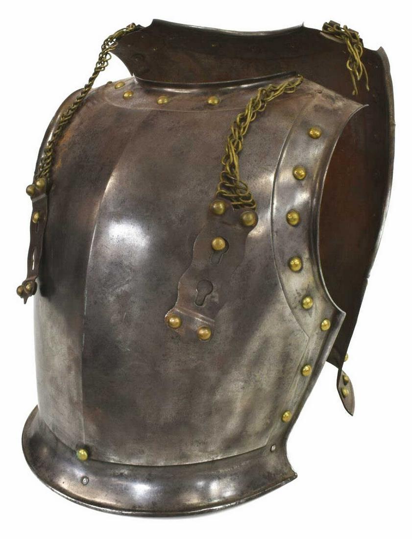 CONTINETAL CUIRASSUER CALVARY BREAST & BACK PLATE: Continental Cuirassier chest and back plate, used for cavalry troops, each with bordered studs, back with two shoulder straps, approx 16"h, 13"w, 14lbs total Start Price: $400.00