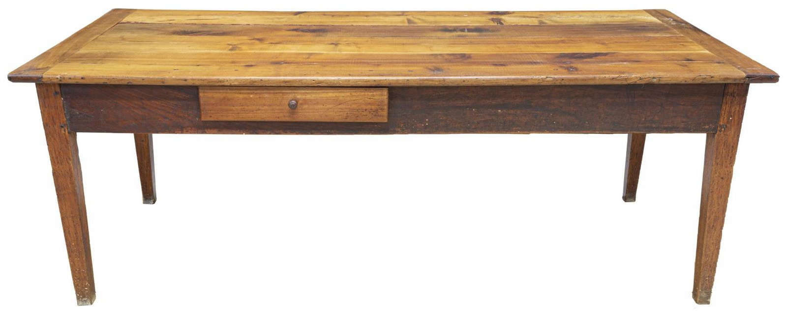 FRENCH PROVINCIAL FRUITWOOD FARMHOUSE TABLE: French Provincial fruitwood farmhouse table, late 19th c., rectangular top fitted above one drawer to one end, one drawer to center, all rising on four squared tapered legs, plank top with some filled