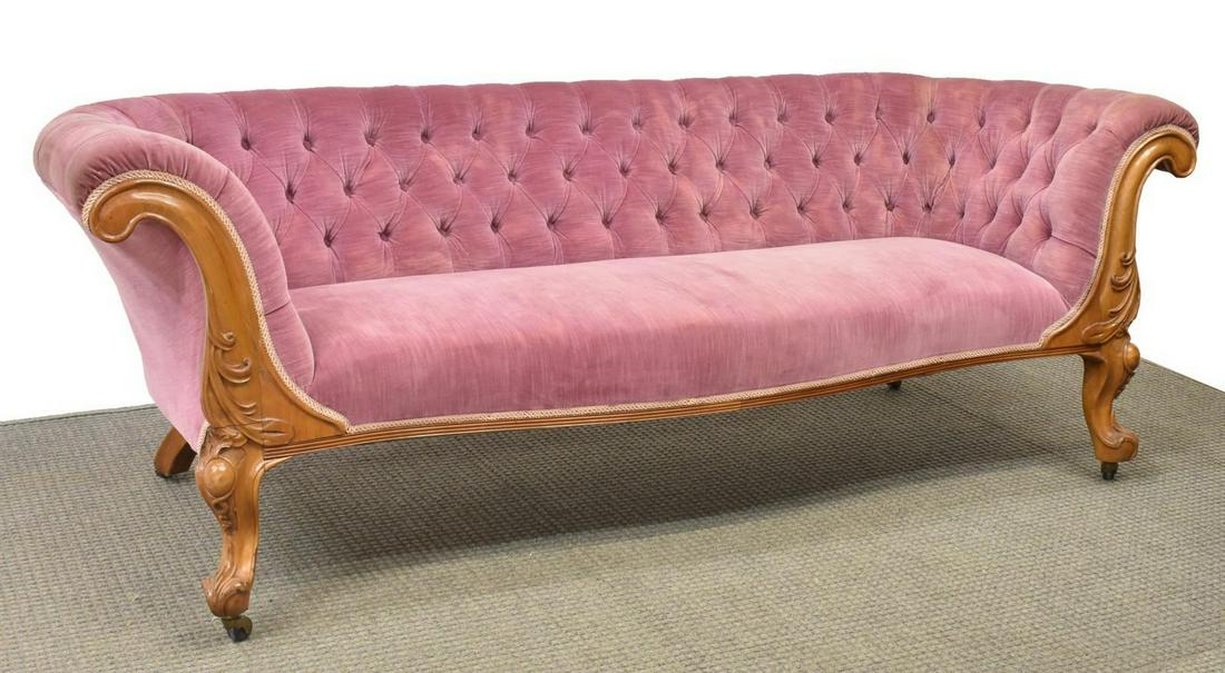 VICTORIAN WALNUT BUTTON-TUFTED SOFA: Victorian sofa, late 19th/ early 20th c., walnut frame, button-tufted upholstered rolled back and arms, bench seat, rising on carved cabriole legs, on casters, approx 30.5"h, 82"l, 33"w Start Price: $