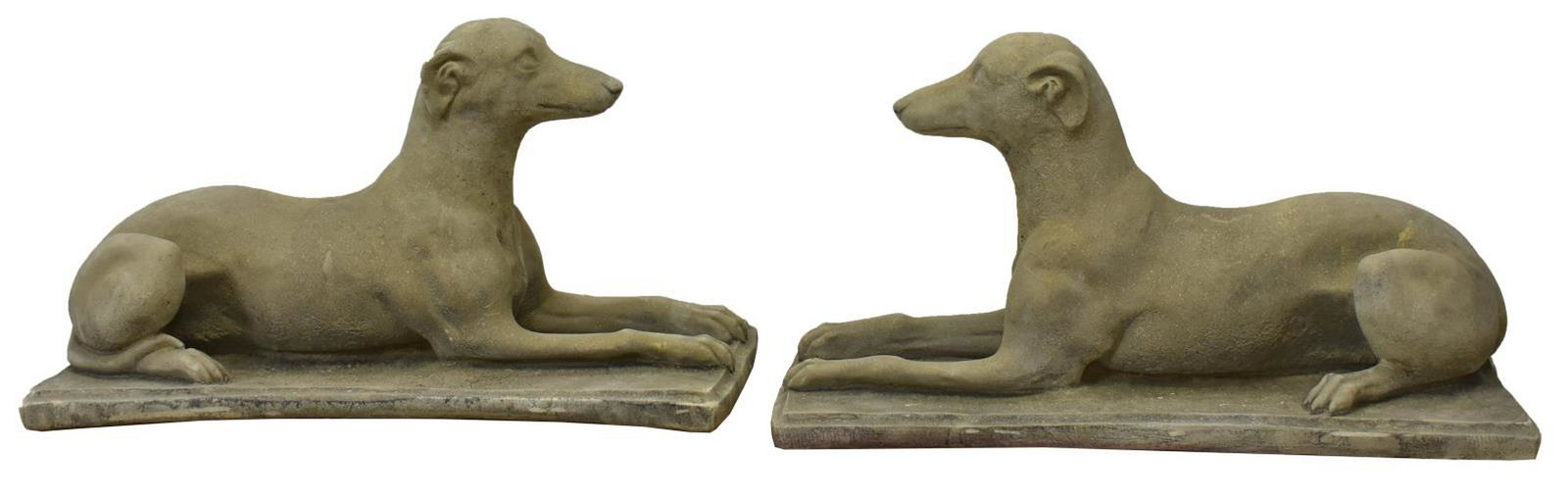 2) CAST STONE GARDEN STATUARY RECLINING GREYHOUNDS: (pair) Cast stone garden statuary, greyhounds, both reclining, forward facing, on rectangular base, approx 16"h, 12"w, 27.5"d Start Price: $250.00