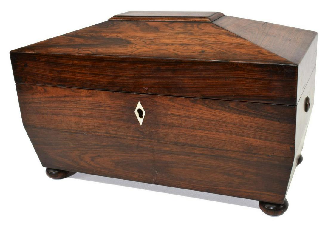 ENGLISH VICTORIAN ROSEWOOD FITTED TEA CADDY: English Victorian rosewood tea caddy, 19th c., the sarcophagus form box with mother-of-pearl diamond-form escutcheon, opening to two removable, lidded compartments, both with remnants of liner, a simp