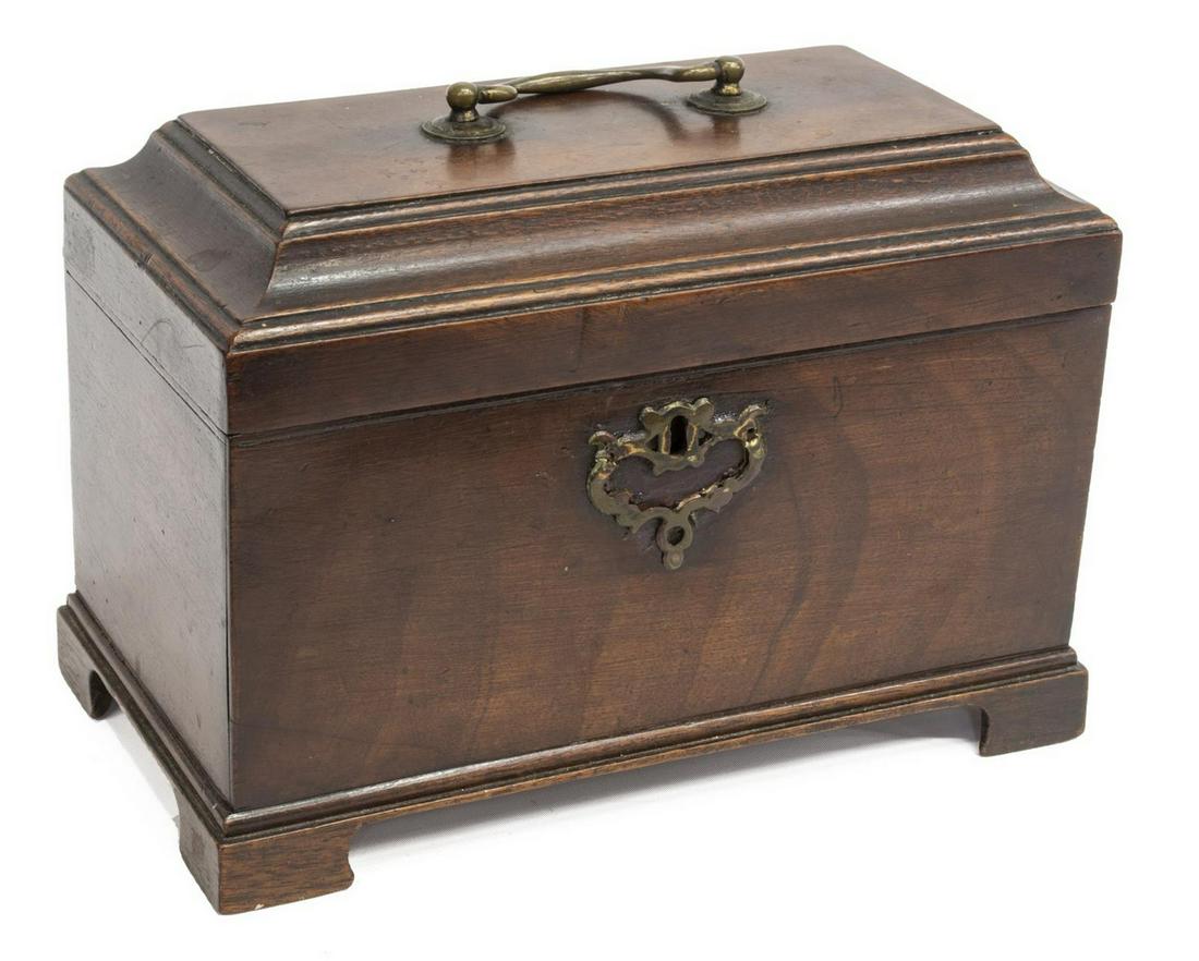 ENGLISH CHIPPENDALE PERIOD MAHOGANY TEA CADDY: English Chippendale period mahogany tea caddy, mid 18th c., rectangular form, hinged lid with brass bracket handle, divided interior, rising on bracket feet, restoration to escutcheon, approx 6.75"h, 