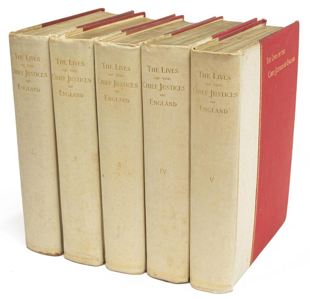 (5) BOOKS: 'LIVES OF CHIEF JUSTICES OF ENGLAND': (lot of 5 volumes) Books: "The Lives of the Chief Justices of England," John, Lord Campbell, Edward Thompson Co., Long Island, NY, 1894-1899, many full plate illustrations including some color lithogr
