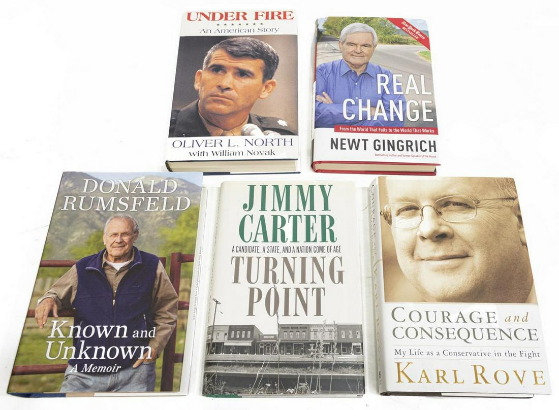 (5) AUTOGRAPHED BOOKS, CARTER, RUMSFIELD, GINGRICH: (lot of 5) Autographed Books: (1) "Turning Point", Jimmy Carter, signed in blue ink with sentiment, Random House, 1992, illustrated, 223 pages; (1) "Known and Unknown", Donald Rumsfeld, signed in blac