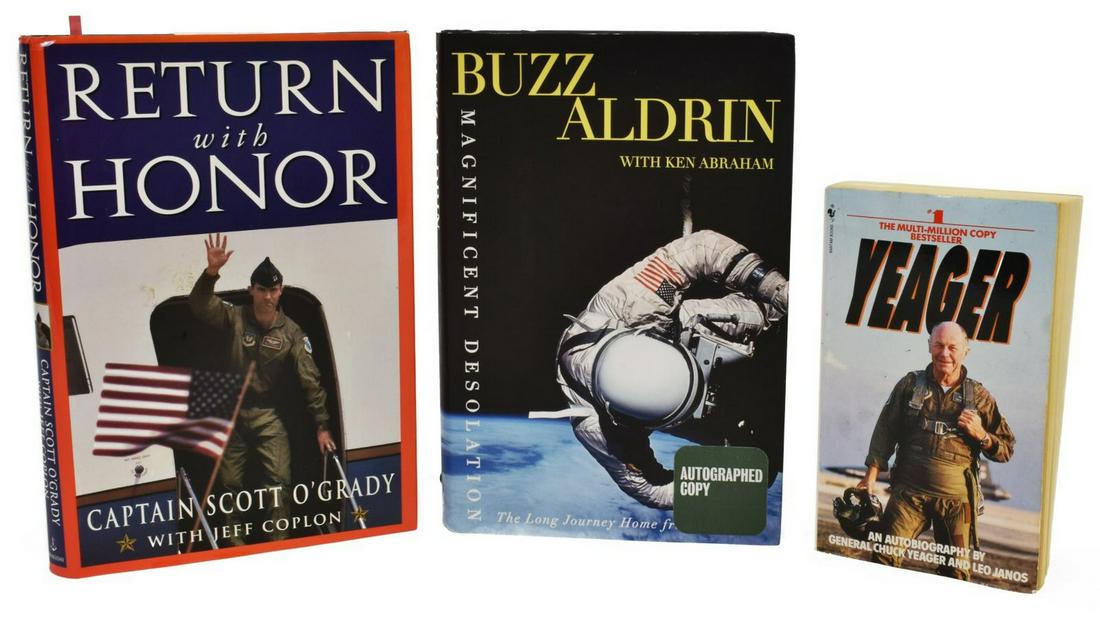 3) AUTOGRAPHED BOOKS, BUZZ ALDRIN, YEAGER, O'GRADY: (lot of 3) Books: "Magnificent Desolation," Buzz Aldrin, signed in blue ink at cover page, Harmony Books, 2009, illustrated, 326 pages, dust cover; (1) "Return with Honor," Captain Scott O'Grady, sign