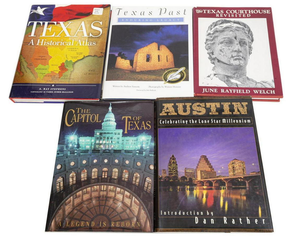 (5) ILLUSTRATED TEXANA BOOKS, SOME AUTHOR SIGNED: (lot of 5) Texana Books: (1) "Texas, A Historical Atlas", Ray Stephens, University of Oklahoma Press, 2010, illustrated, 417 pages; (1) "Texas Past", Andrew Sansom, autographed by author, Texas Parks