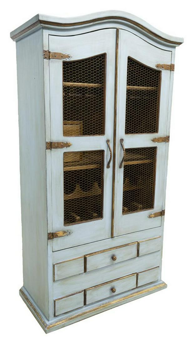 VINTAGE PAINTED BAR CABINET WIRE MESH DOORS: Vintage bar cabinet, 20th c., in a later blue paint, having arched cornice top, double doors with wire mesh fronts, opening to gold gilt painted interior, featuring shelves fitted for wine bottles and