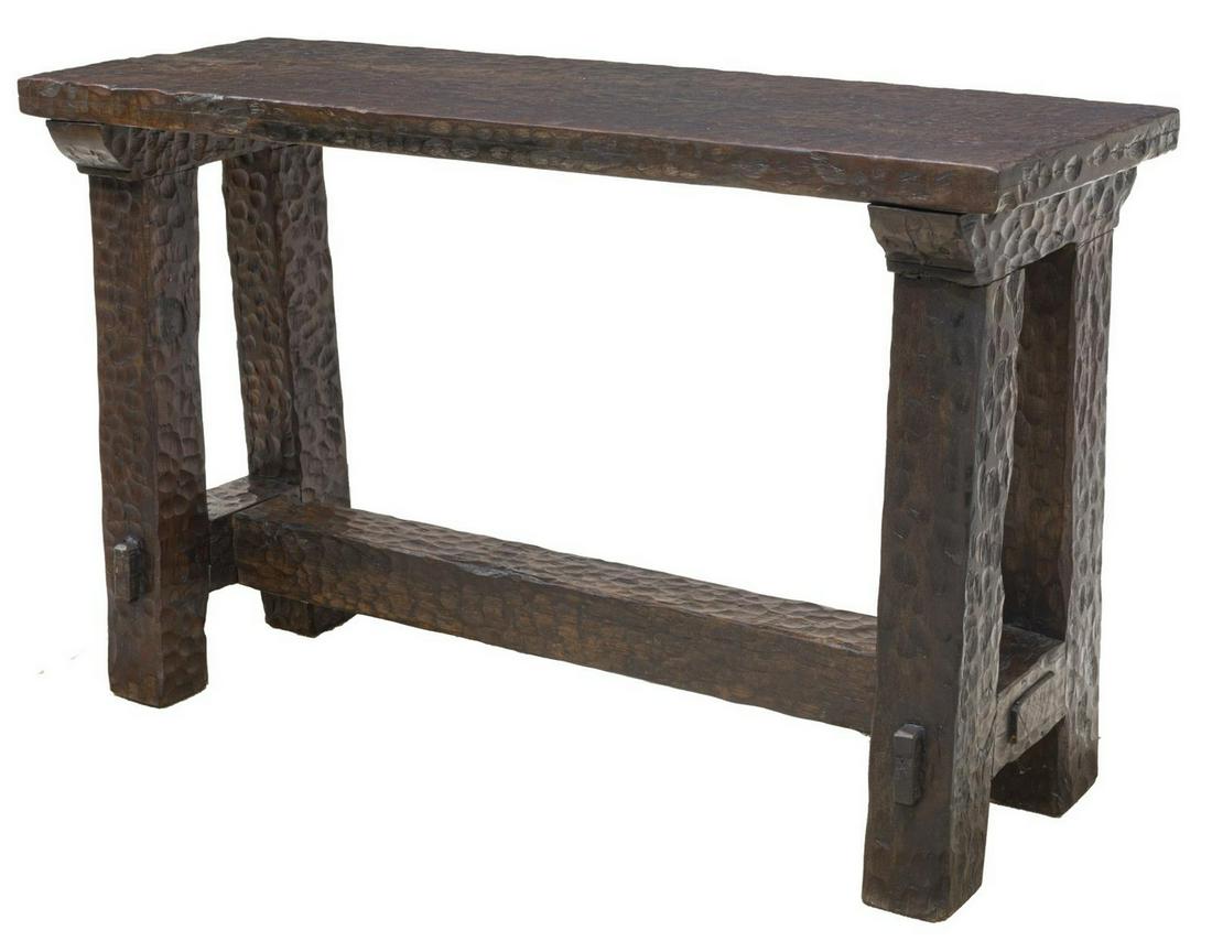 RUSTIC CARVED MESQUITE WOOD CONSOLE TABLE: Rustic carved mesquite wood console table, 20th c., long rectangular top above four legs, joined by H-stretcher, approx 32"h, 51.5"w, 15.75"d Start Price: $150.00