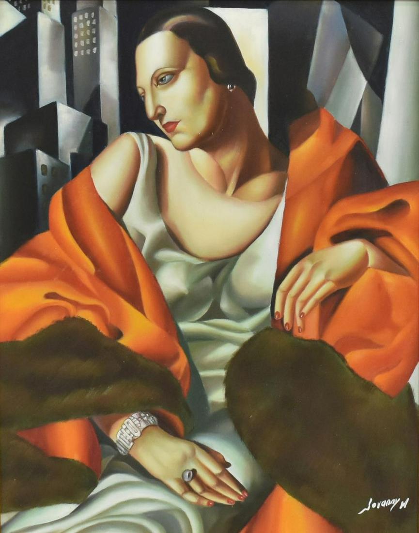 'PORTRAIT DE MADAME BOUCARD' AFTER DE LEMPICKA: Framed art on canvas, "Portrait De Madame Boucard," signed lower right Jovanny M., after the original by Tamara de Lempicka (Poland, 1898-1980), sight: approx 22.75"l, 18.25"w, overall: approx 37.5"l,