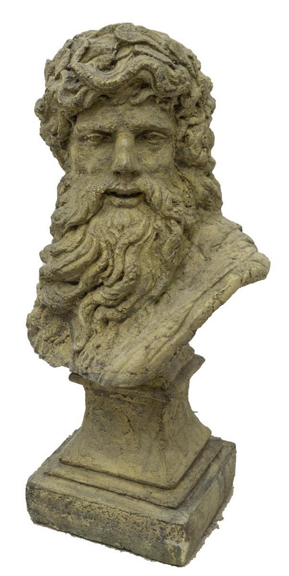 CAST STONE BUST OF ZEUS WEARING OLIVE WREATH: Cast stone garden statuary, bust of Zeus, textured hair and beard swept in motion, olive wreath on head, gazing to right, adorned in drapery, tapered pedestal, on square base, approx 26"h, 13"w, 12"d 