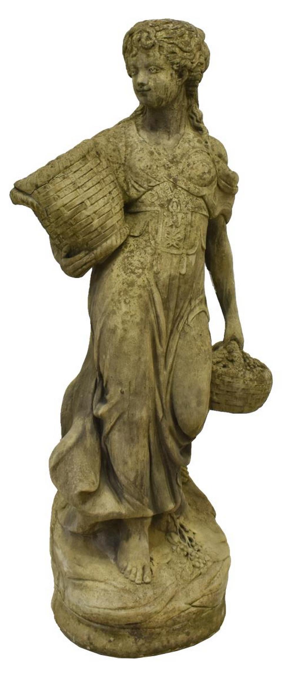 CAST CONCRETE FIGURE GARDEN STATUE: Cast concrete figure/ garden statue, 20th c., female depicted with leg bent, holding two baskets, atop circular base, approx 53.5"h, 19"diam Start Price: $150.00