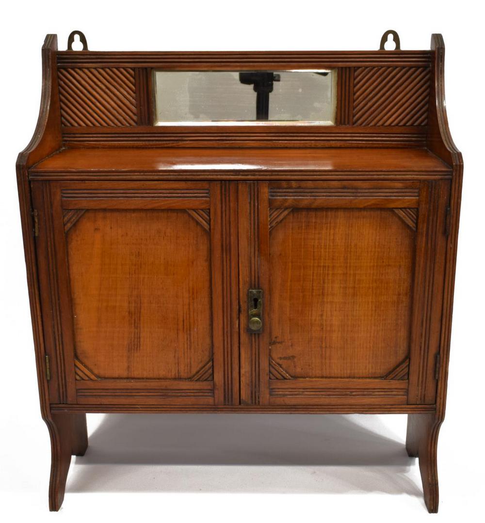 DIMINUTIVE ENGLISH WALNUT HANGING CABINET & MIRROR: Diminutive English walnut hanging cabinet, early 20th c., rectangular mirror on top crest back, two doors open to fitted shelves, two to one side, rising on split legs, approx 20"h, 17"w, 6"d, 6.5lbs 