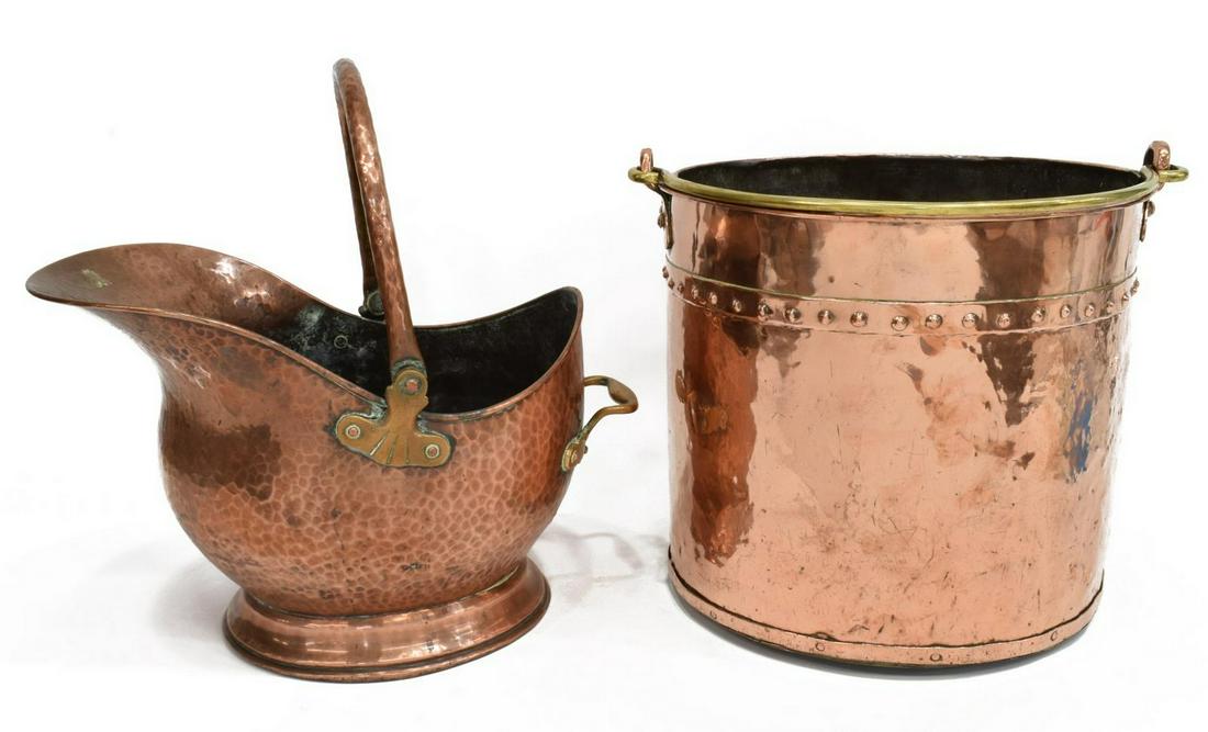 (2) ENGLISH COPPER & BRASS BUCKET & COAL SCUTTLE: (lot of 2) English copperware, including: (1) bucket with brass bail handle and studded band, late 19th c., approx 12.5"h, 14"diam; (1) hammered copper coal scuttle with handle, approx 11"h, 15"w, 10.