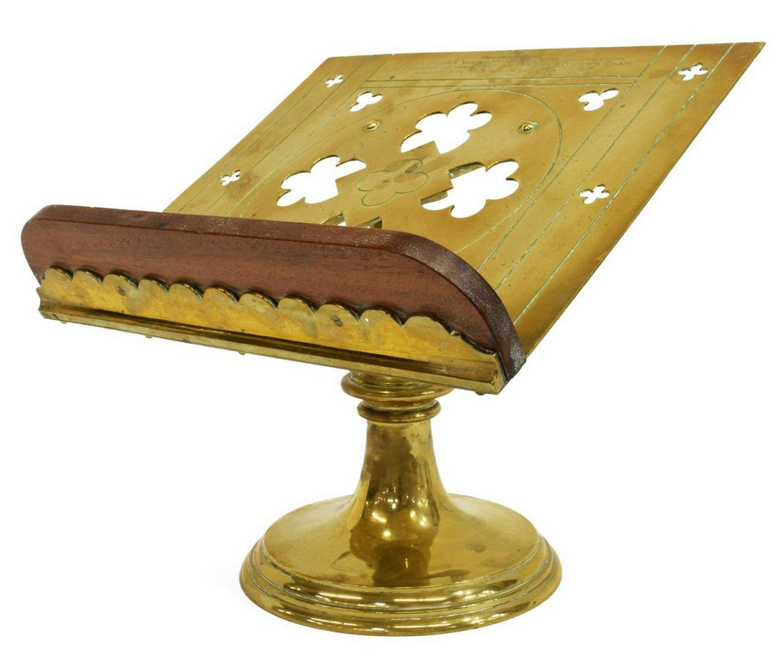 ENGLISH BRASS TABLETOP MISSAL STAND WWI ENGRAVING: English tabletop brass lectern/ bookstand, first quarter 20th c., with pierced trefoil and quatrefoil design, presentation engraving reading: "presented by Holy Trinity young men's bible class and clu