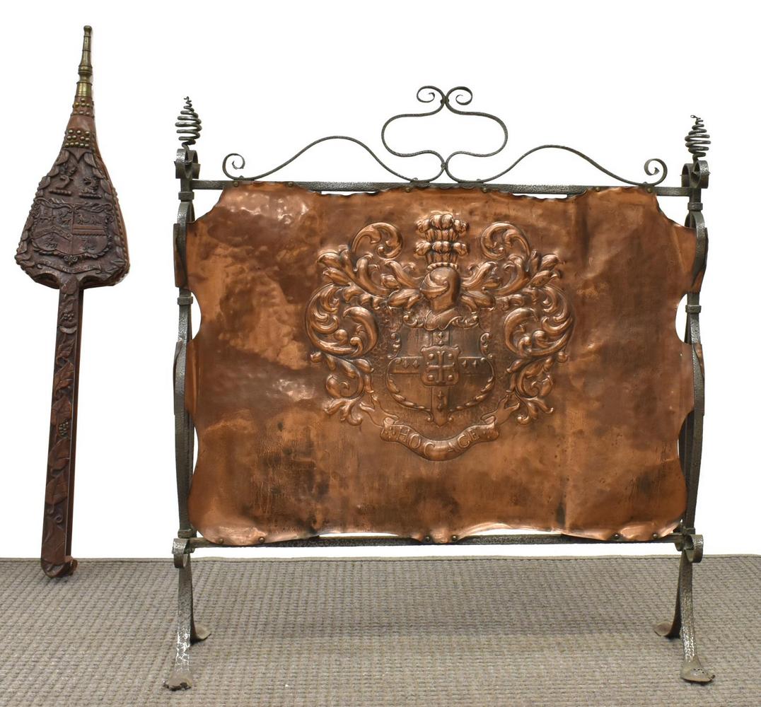(2) IRON & COPPER FIREPLACE SCREEN & BELLOWS: (lot of 2) Fireplace accessories, including: (1) fireplace screen, iron frame centering copper panel with repousse heraldic motif, approx 38"h, 35"w, 12"d, (1) bellows, long handle, body carved with h