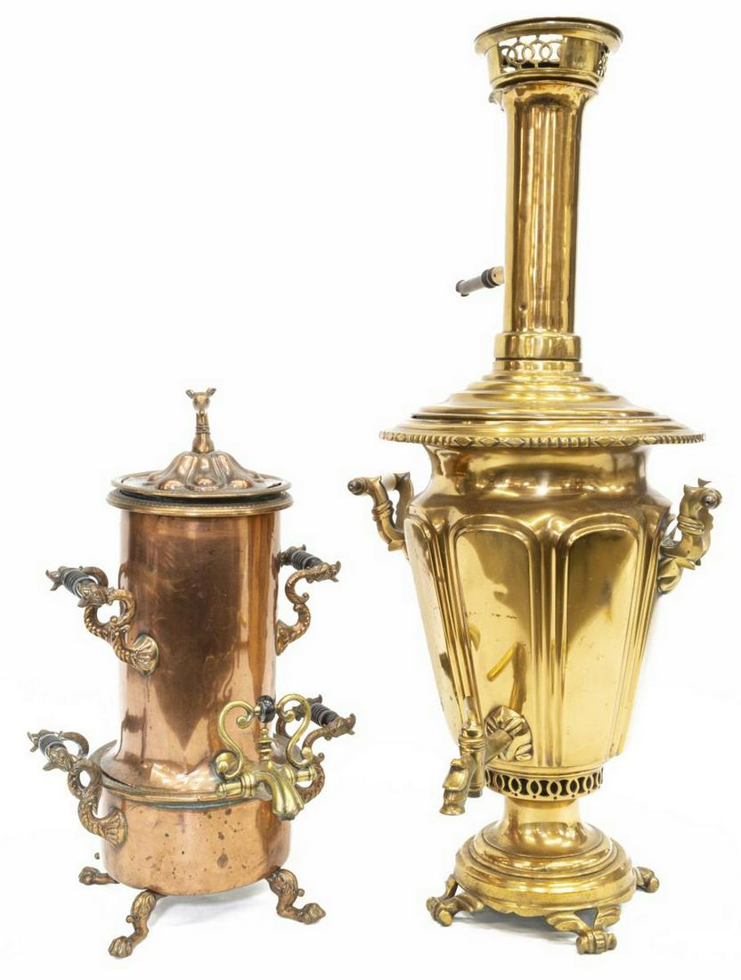 (2) COPPER & BRASS SAMOVARS COFFEE URNS: (lot of 2) Samovars/ coffee urns, including: (1) English copper samovar, with greyhound finial, four turned wood handles on dolphin-form brackets, brass spigot, raised on paw feet, underside of lid ma