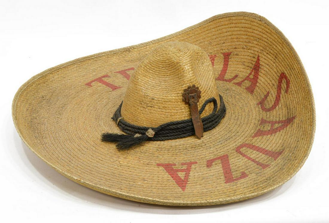 VINTAGE MEXICO SOMBRERO, "TEQUILA SAUZA": Mexican woven sombrero, the rim marked "Tequila Sauza," a rope hat band, the crown with two leather only conchos, the interior marked by the maker "La Palma," quality: XXXXX, size 55 (6 7/8"), 6"h, 24