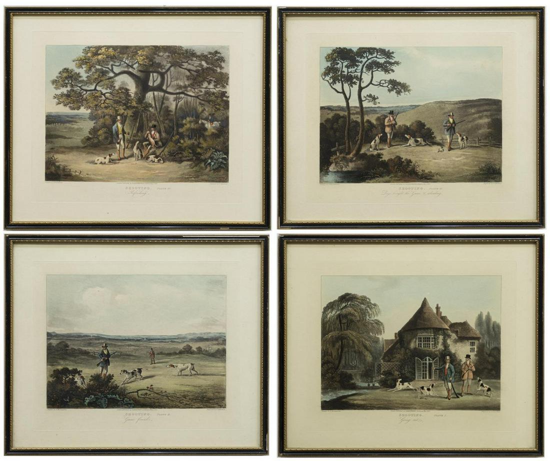 (4) ENGLISH SHOOTING PRINTS AFTER WOLSTENHOLME: (lot of 4) Framed English hunting prints on paper, after Dean Wolstenholme Sr. (1757-1837), engraved by Thomas Sutherland (1785-1838), published by Rudolph Ackermann (1764-1834), plates I-IV, includin