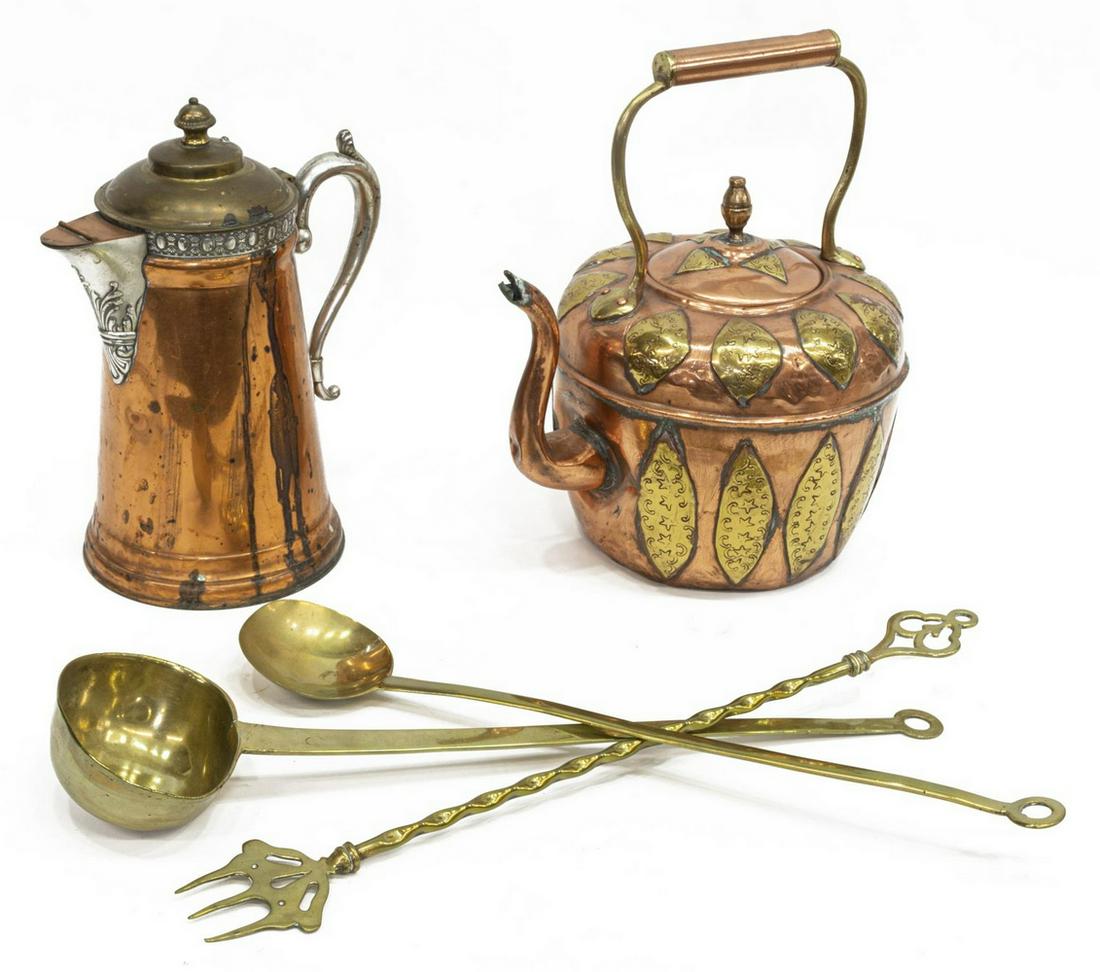 (5) COPPER & BRASS KITCHENWARE, KETTLE, COFFEE POT: (lot of 5) Brass and copper kitchenware, including: (1) American copper coffee pot, Manning, Bowman & Co., with silver-tone handle and collar, brass hinged lid with finial, restoration to finial, appr