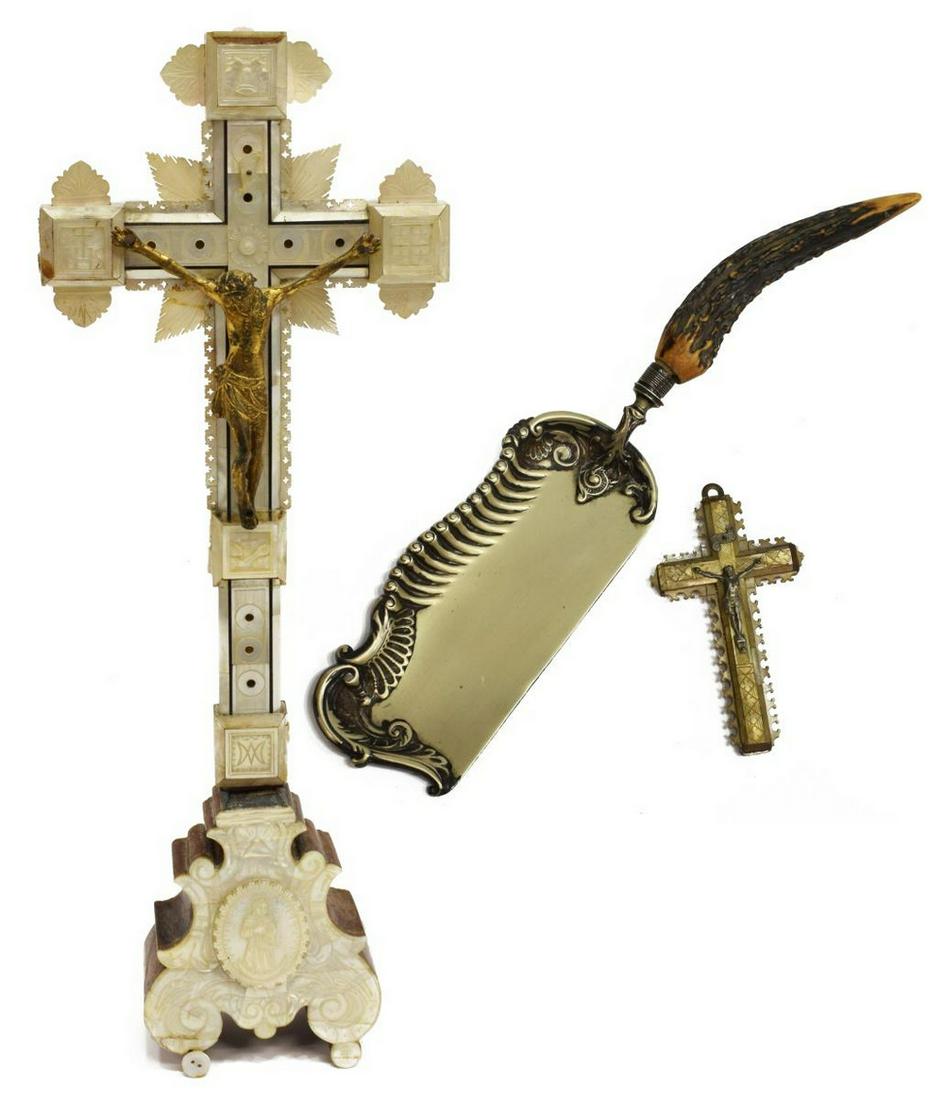 (3) ENGLISH CRUMB TRAY & JERUSALEM CRUCIFIXES: (lot of 3) Decorative objects, including: (1) English silver plate crumb catcher/ tray, James Deakin & Sons, with antler handle, approx 15"l, (2) crucifixes, marked Jerusalem verso, with mother-of-pea