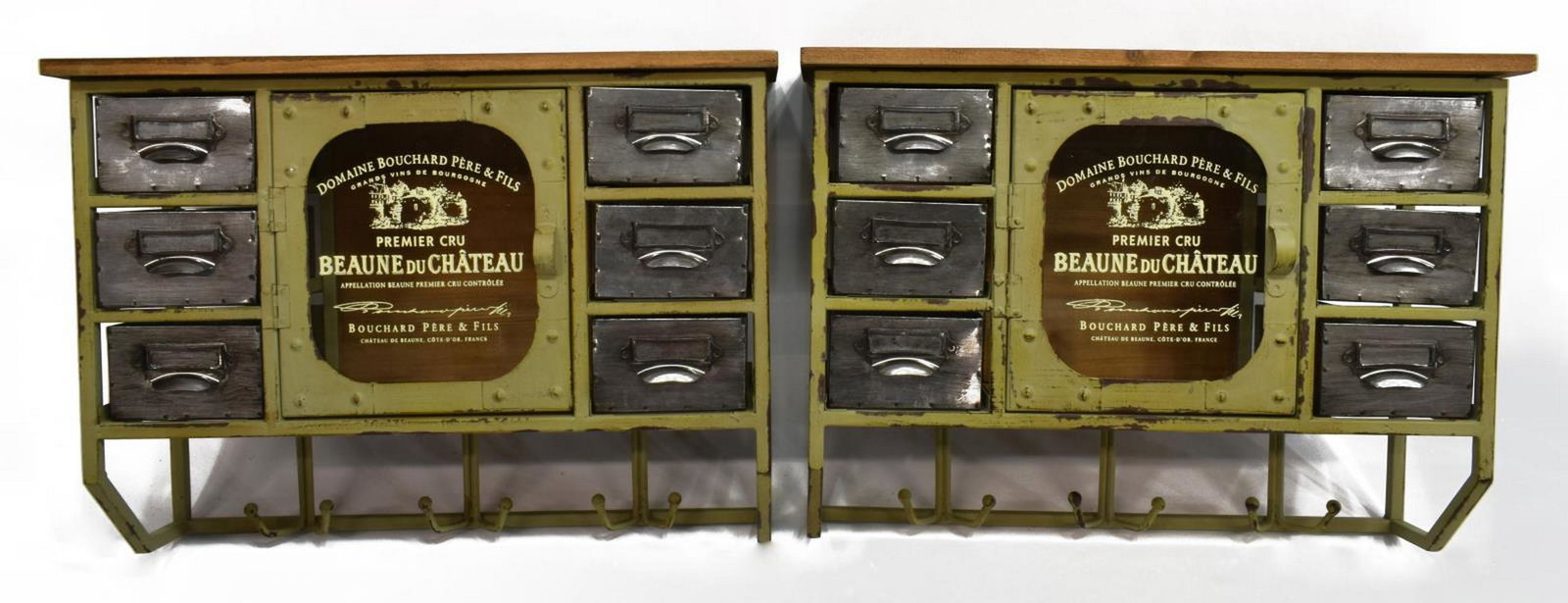 2) FRENCH STYLE METAL & WOOD KITCHEN WALL CABINETS: (pair) French style metal and wood decorative kitchen wall racks, 20th c., rectangular case in a distressed paint, featuring center cabinet fitted with glass door front decorated with French script of