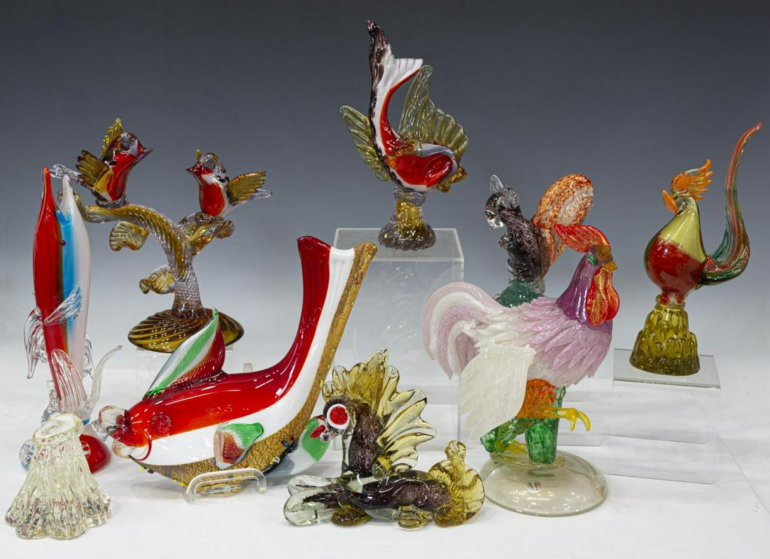 (8) ITALIAN MURANO ART GLASS GROUP, ANIMALS, FISH: (lot of 8) Italian Murano art glass figures, c.1970s, comprising fish, roosters, squirrel, birds, etc., various sizes and colors, (one) fish with chip to tail, some small losses, largest: approx 14"h,