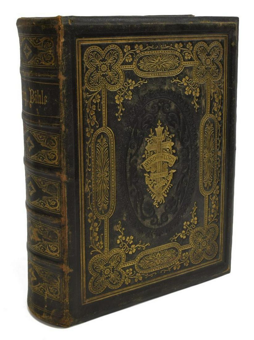 LEATHER-BOUND BROWN'S ILLUSTRATED FAMILY BIBLE: Book: The Self-Interpreting Illustrated Family Bible, 19th c., with explanatory notes by Reverend John Brown, published by William Bruckshaw, Bolton-Le-Moors, Lancashire, printed by Dunn & Wright, Gla