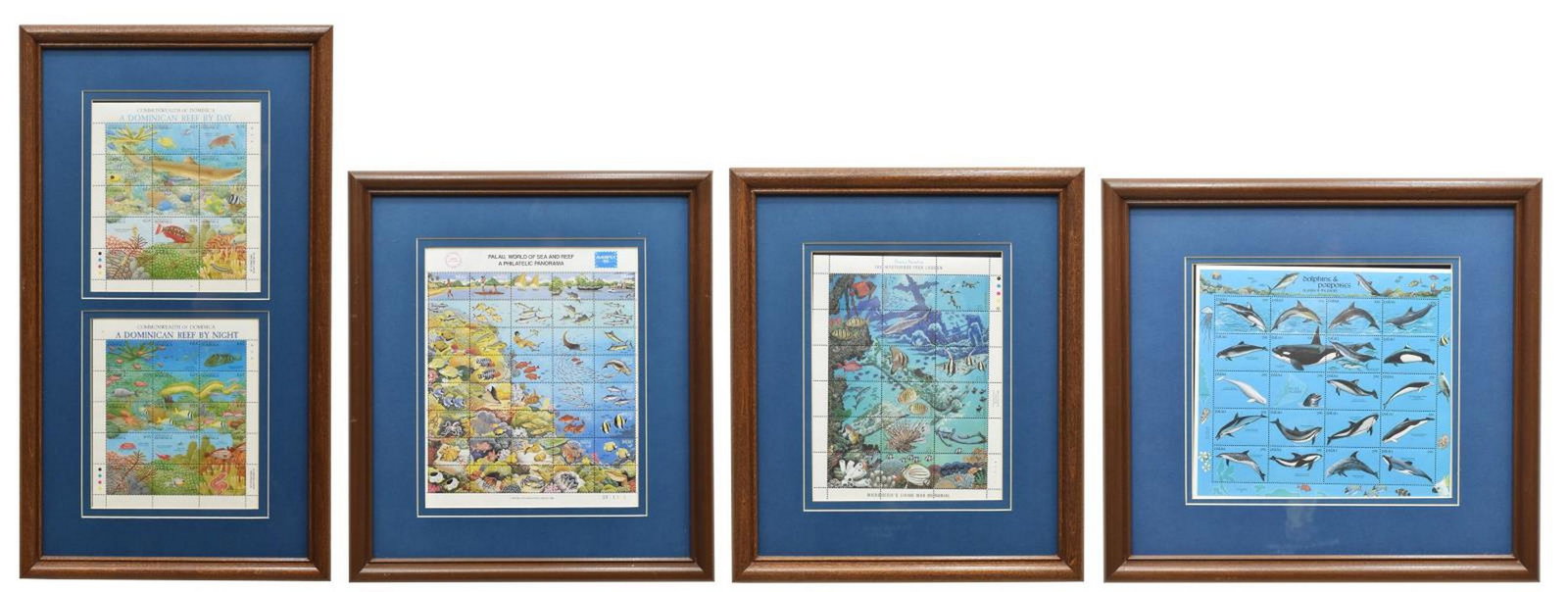(4) COLLECTION OF FRAMED POSTAGE STAMP SHEETS: (lot of 4) Collection of framed postage stamp sheets, comprising: (1) "Dolphins and Porpoises of Palau and the Pacific," c.1991, issued by the Republic of Palau, twenty stamps; (1) "Palau, World of Se