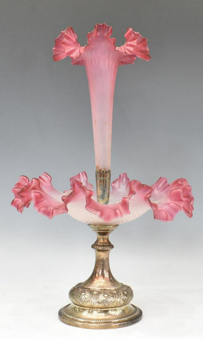VICTORIAN PINK SATIN ART GLASS SILVERPLATE EPERGNE: Victorian pink satin art glass epergne centerpiece, late 19th/ early 20th c., single ruffled flute over a shaped dish, raised on silver plate pedestal base with daisy motif, marked EPNS (electroplated