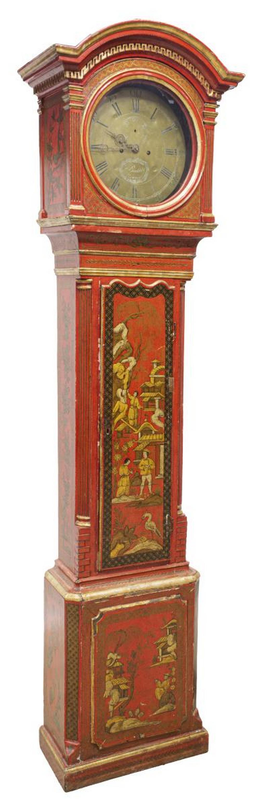 ENGLISH GEORGE III CHINOISERIE BADDELEY CASE CLOCK: English George III Chinoiserie tall case clock, last quarter 18th c., brass face with black roman numerals, seconds subdial lacking hand, signed G. Baddely (George Baddeley, United Kingdom, 1754-1785)