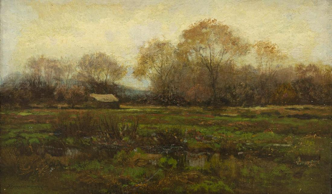 JOHN FRANCIS MURPHY (D.1921) PASTORAL LANDSCAPE: Framed oil on board painting, Pastoral Landscape, signed lower left J. Francis Murphy (John Francis Murphy, New York, Illinois, 1853-1921), sight: approx 8.75"h, 14"w, overall: approx 13.5"h, 19"w, 4l