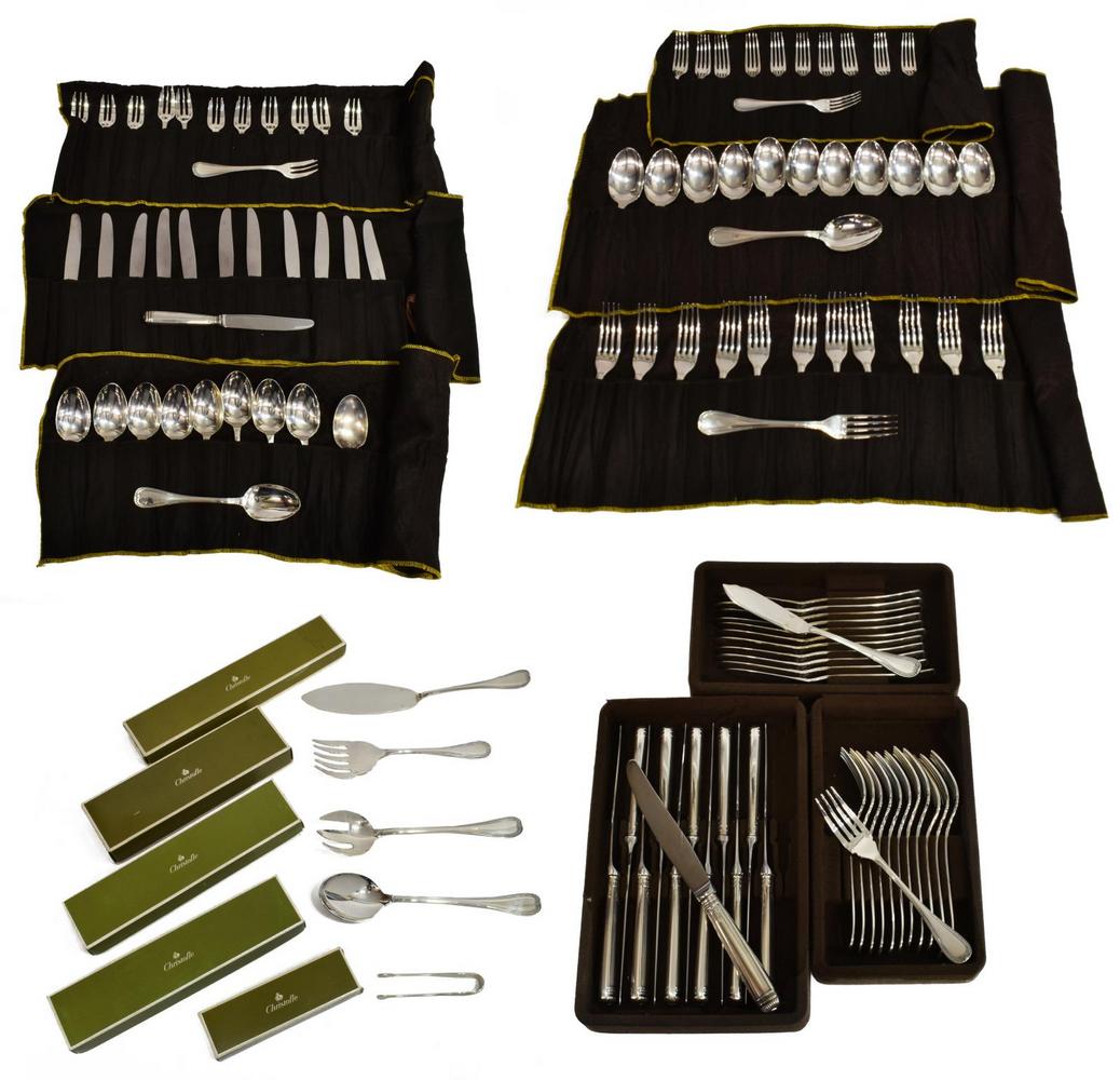 (110) CHRISTOFLE 'MALMAISON' SILVER PLATE FLATWARE: (lot of 110) French Christofle "Malmaison" silver plate flatware, including: (12) knives, 9.75"l, (12) dessert knives, 7.75"l, (12) fish knives, 7.75"l, (12) forks, 8 1/8"l, (12) fish forks, 7"l, (11)